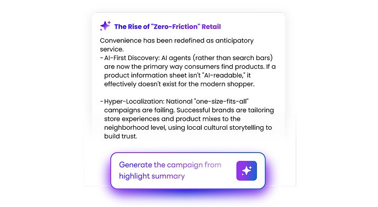 Mind AI assistant generating campaign ideas from a highlight summary
